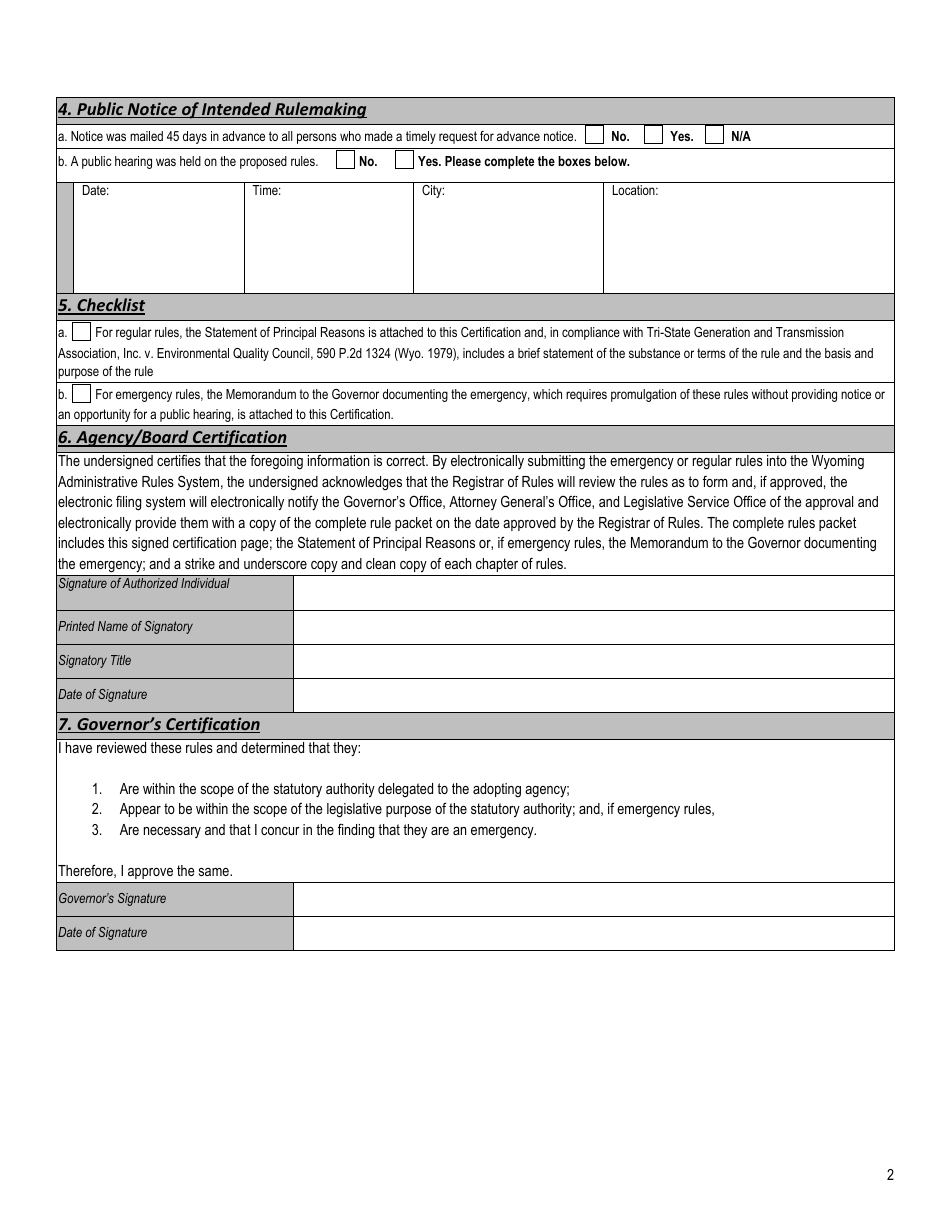 Certification Page - Regular and Emergency Rules - Wyoming, Page 2