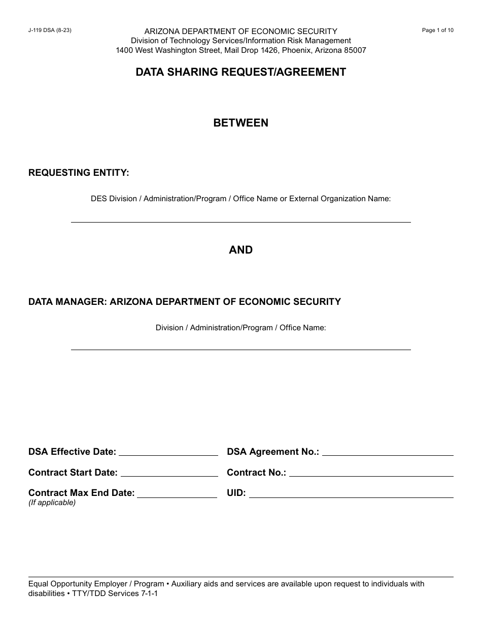 Form J-119 Data Sharing Request / Agreement (Single Division) - Arizona, Page 1
