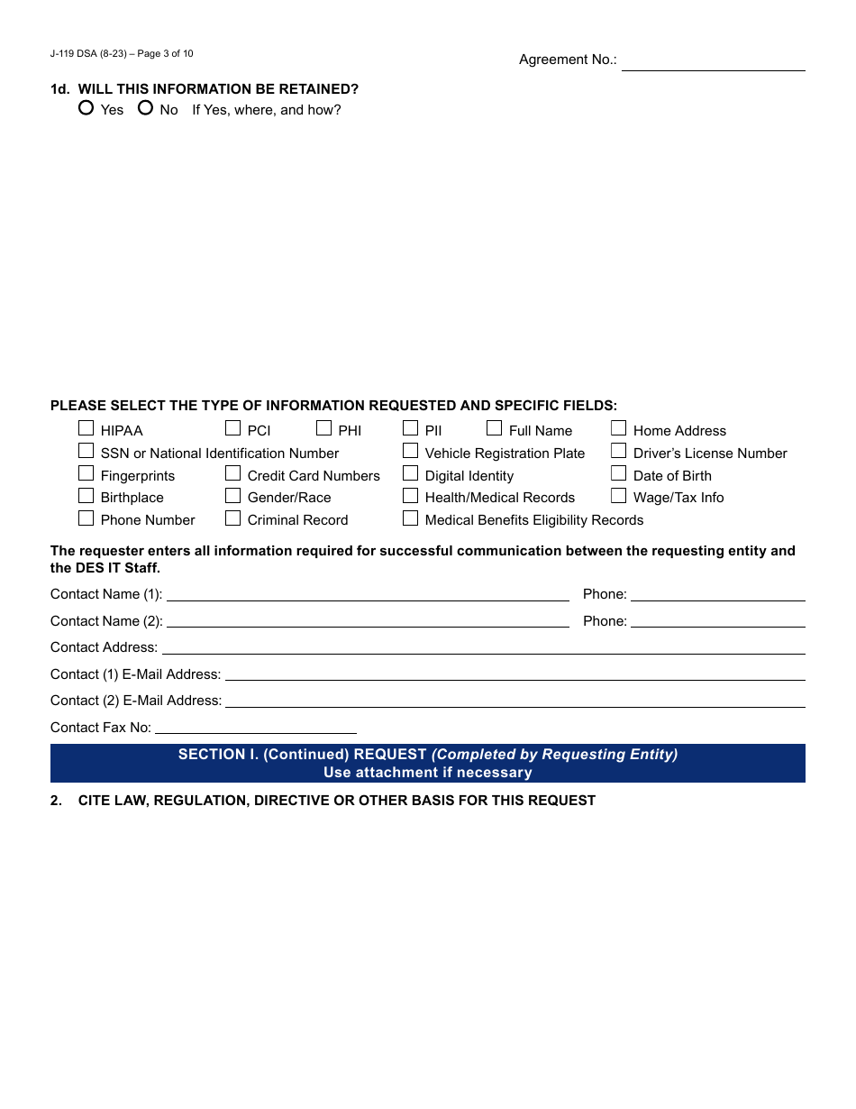 Form J-119 Data Sharing Request / Agreement (Single Division) - Arizona, Page 3