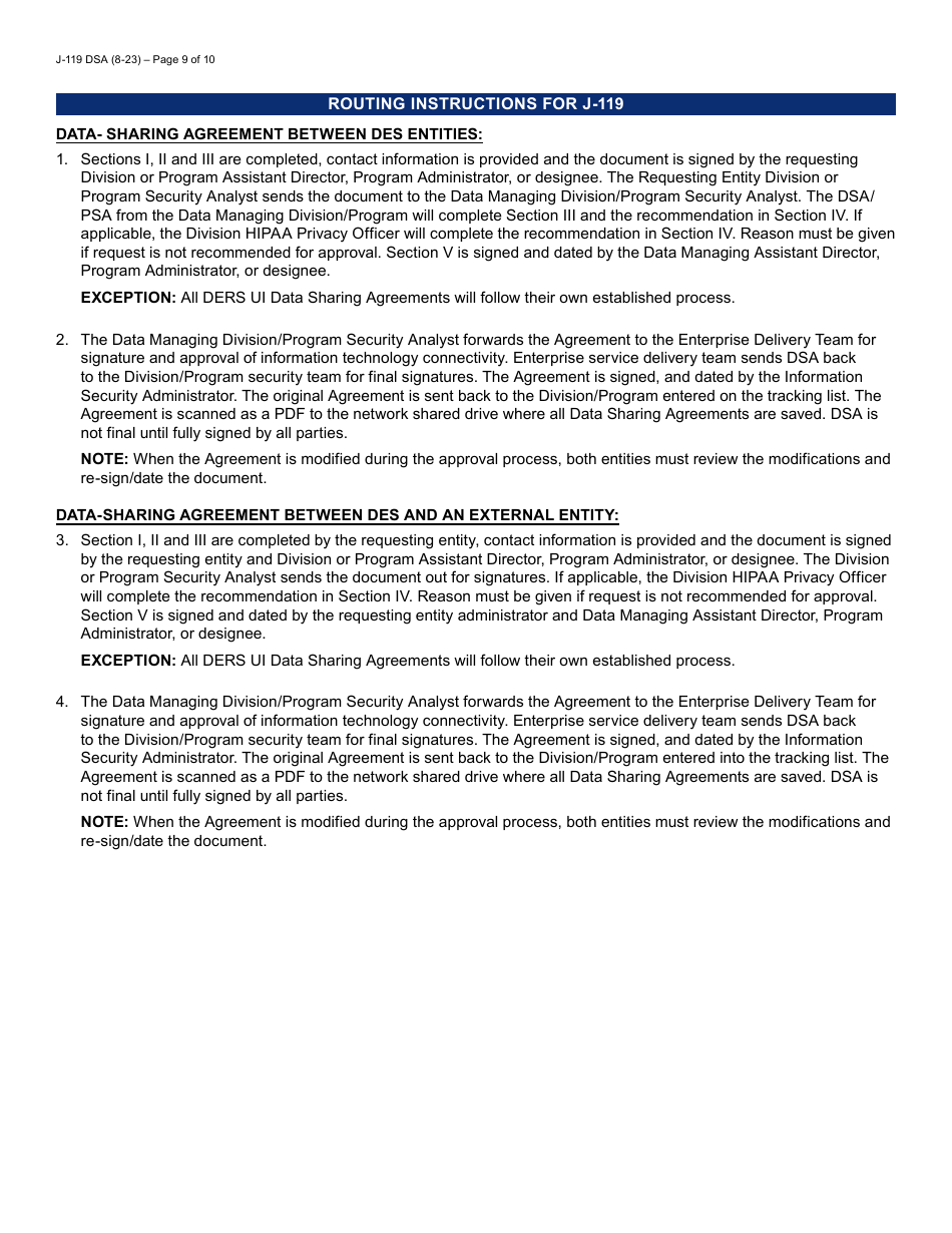 Form J-119 Data Sharing Request / Agreement (Single Division) - Arizona, Page 9