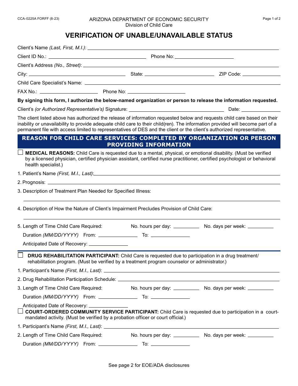 Form CCA-0225A Verification of Unable / Unavailable Status - Arizona, Page 1