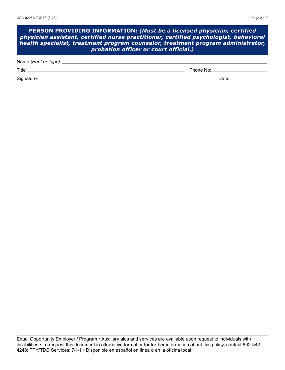 Form CCA-0225A Verification of Unable / Unavailable Status - Arizona, Page 2