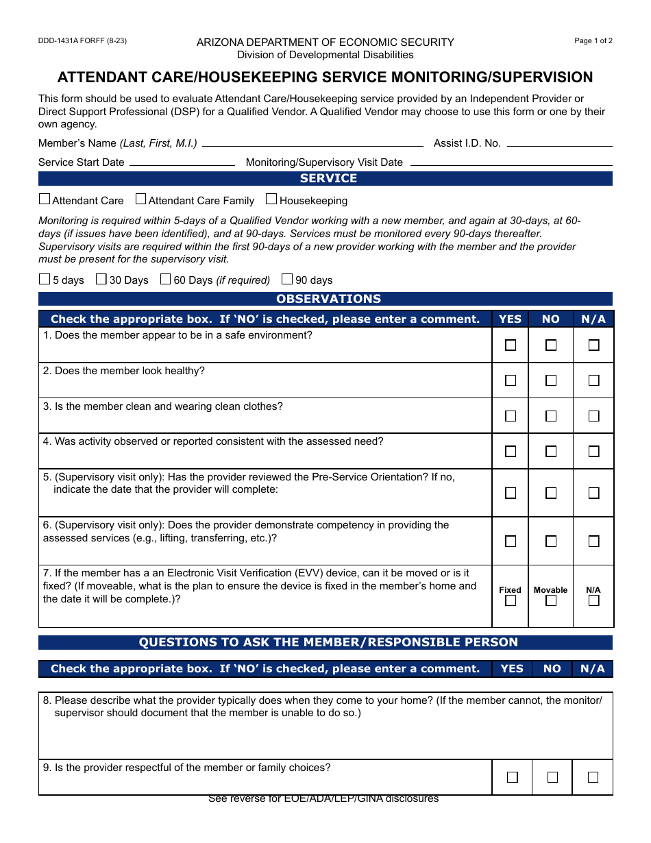 Form DDD-1431A Attendant Care / Housekeeping Service Monitoring / Supervision - Arizona, Page 1