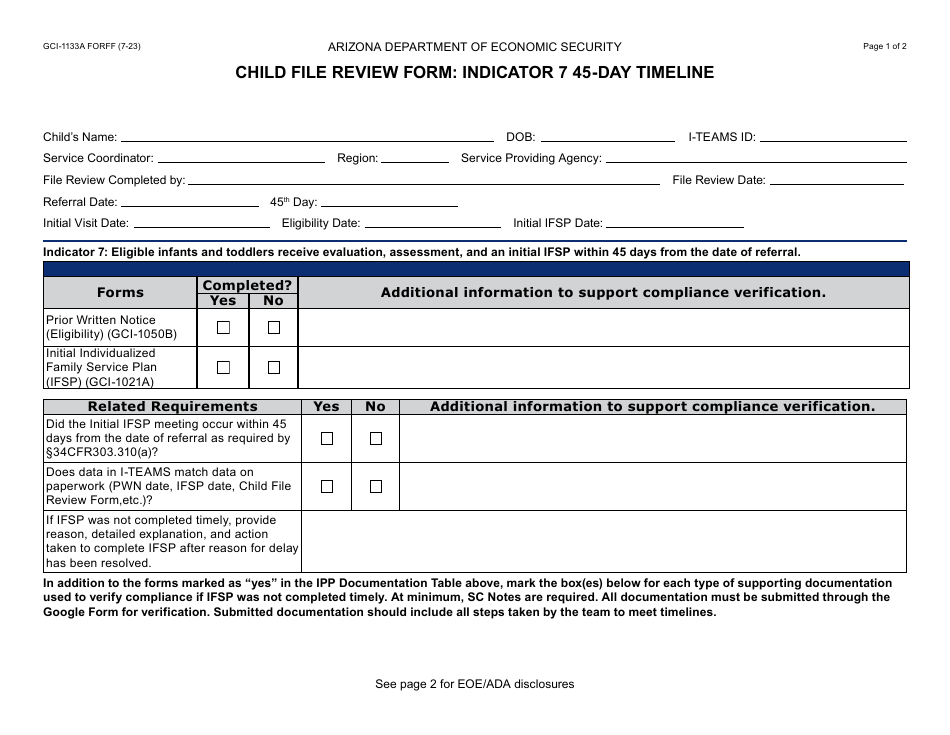 Form GCI-1133A Child File Review Form: Indicator 7 45-day Timeline - Arizona, Page 1
