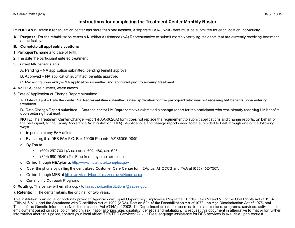 Form FAA-0620C Treatment Center Monthly Roster - Arizona, Page 10