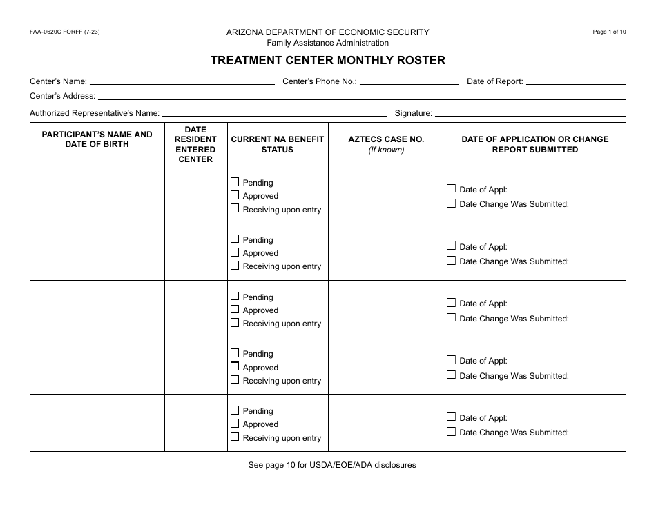 Form FAA-0620C Treatment Center Monthly Roster - Arizona, Page 1