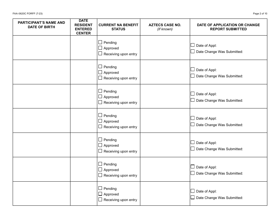 Form FAA-0620C Treatment Center Monthly Roster - Arizona, Page 2