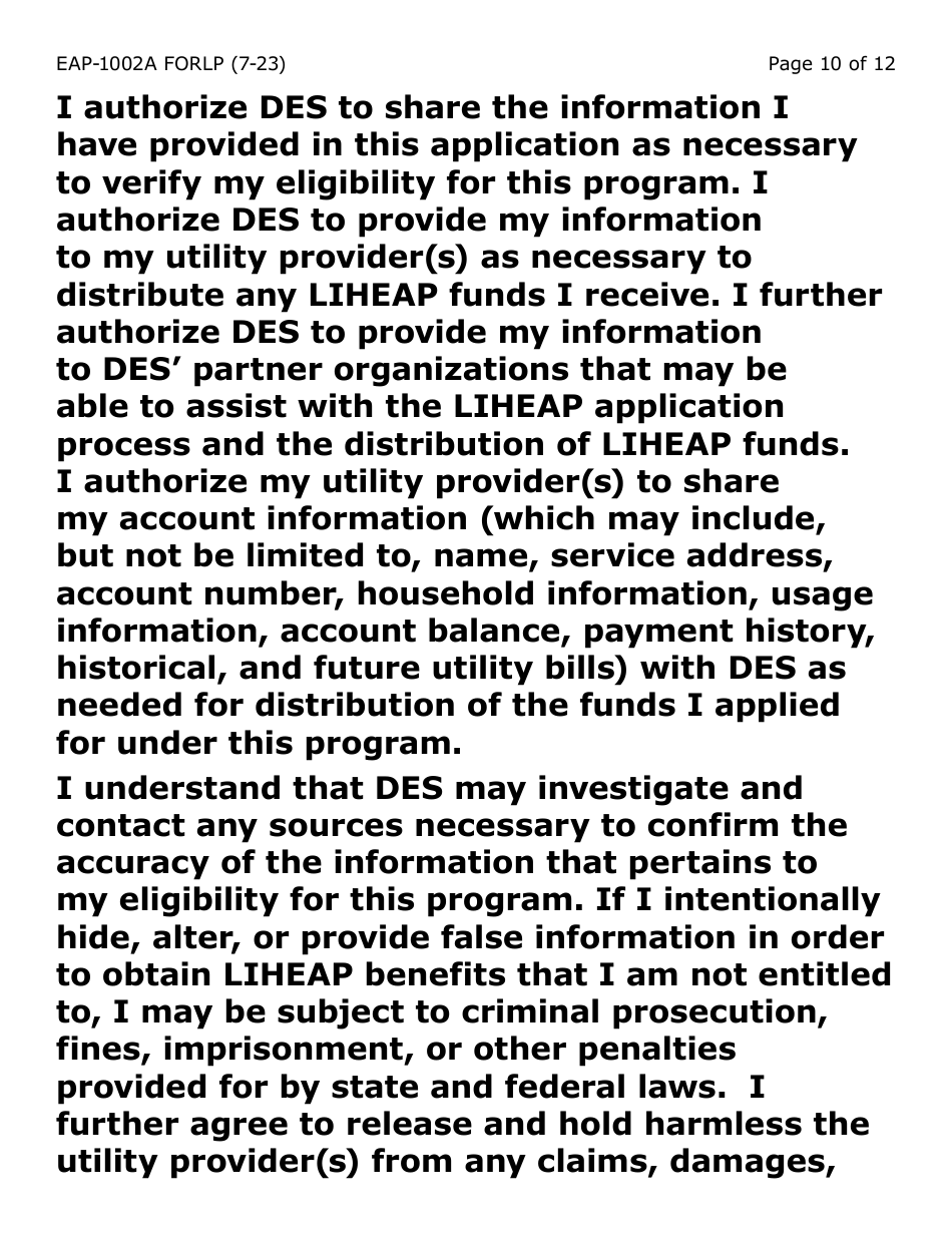 Form EAP-1002A-LP Liheap Application (Large Print) - Arizona, Page 10