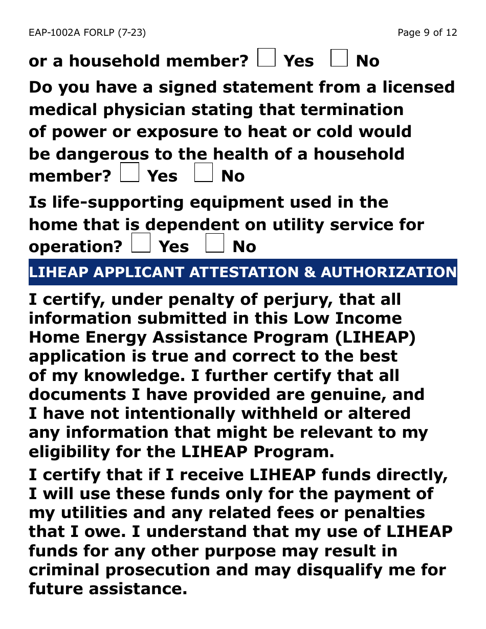 Form EAP-1002A-LP Liheap Application (Large Print) - Arizona, Page 9