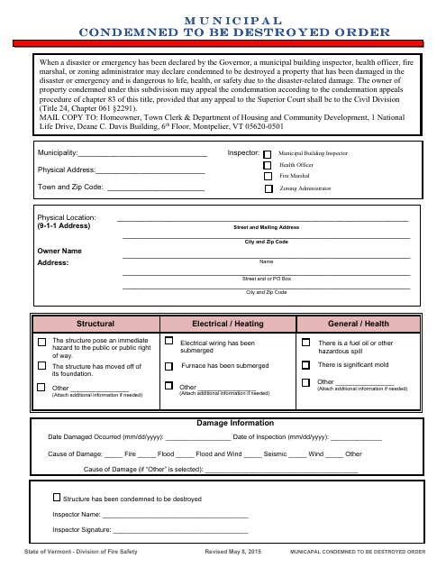 Municipal Condemned to Be Destroyed Order Form - Vermont Download Pdf