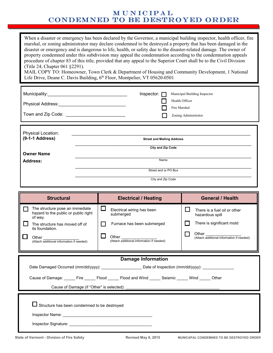 Vermont Municipal Condemned to Be Destroyed Order Form - Fill Out, Sign ...