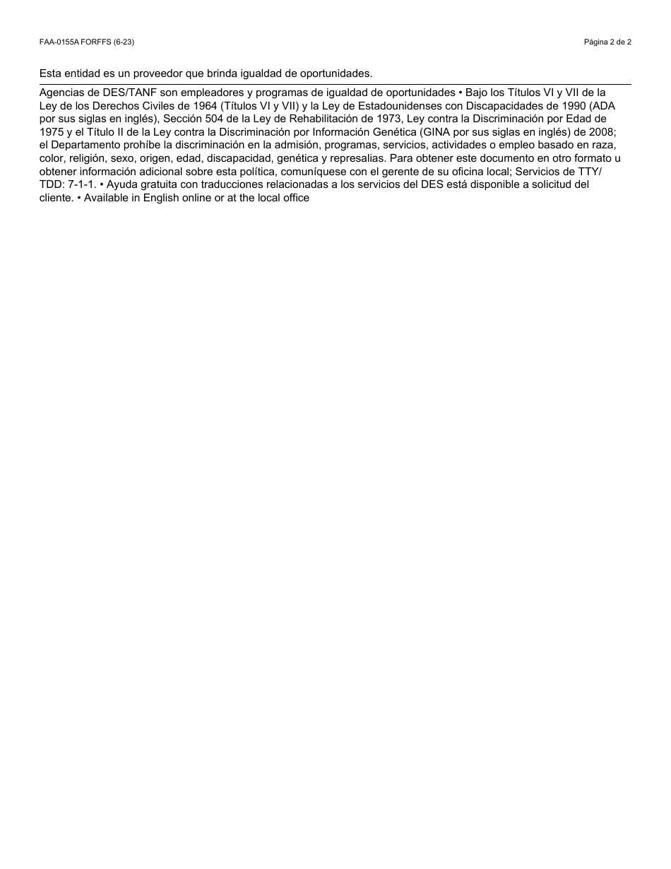 Formulario FAA-0155A-S Antecedentes De Empleo O Capacitacion Reciente - Arizona (Spanish), Page 2