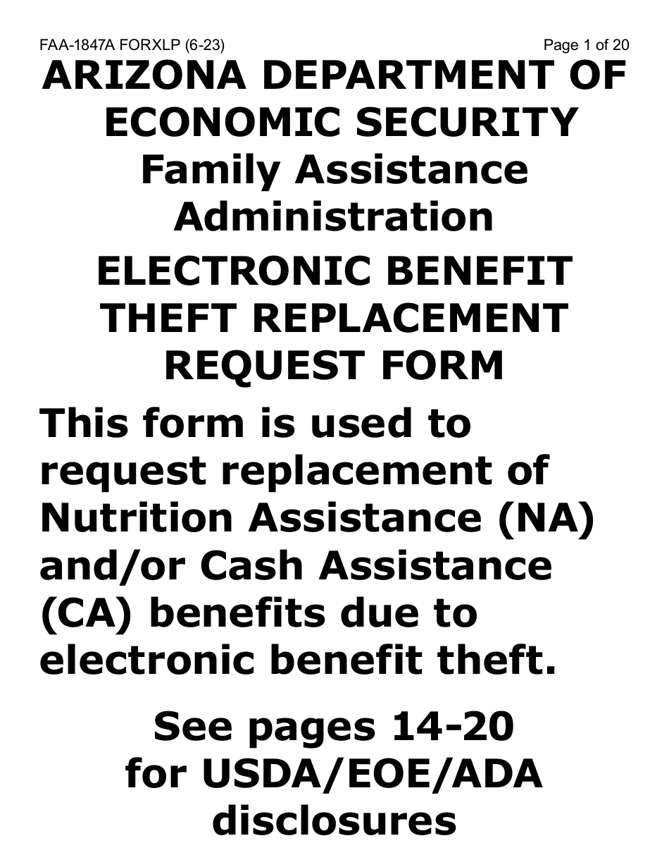 Form FAA-1847A-XLP Electronic Benefit Theft Replacement Request Form (Extra Large Print) - Arizona, Page 1