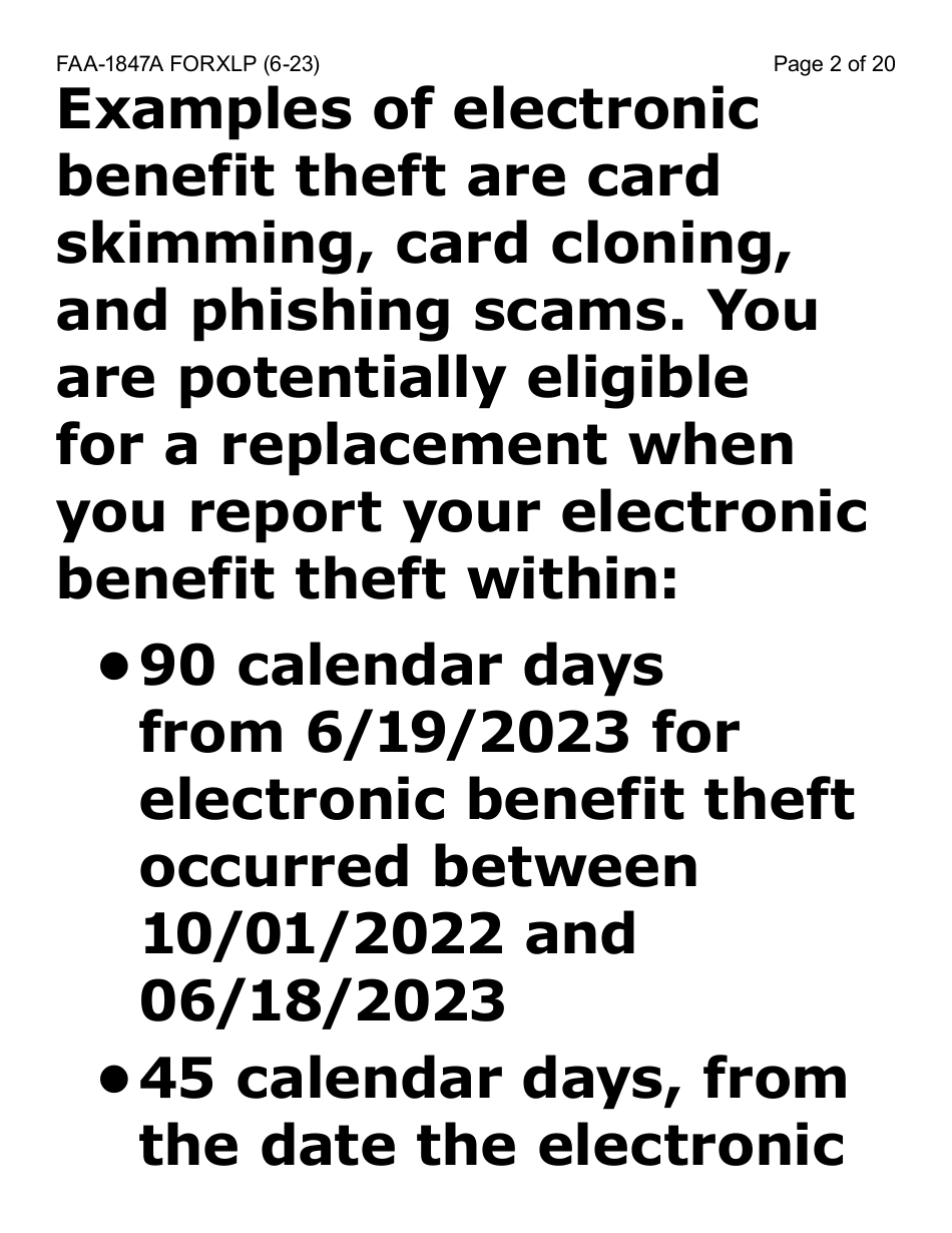Form FAA-1847A-XLP Electronic Benefit Theft Replacement Request Form (Extra Large Print) - Arizona, Page 2
