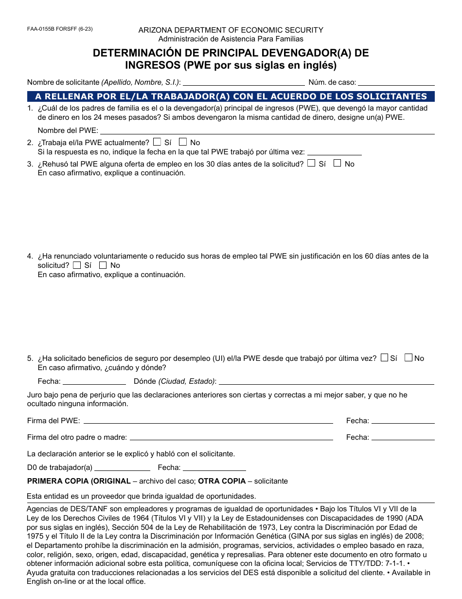 Formulario FAA-0155B-S Determinacion De Principal Devengador(A) De Ingresos (Pwe Por Sus Siglas En Ingles) - Arizona (Spanish), Page 1
