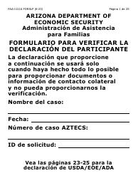Document preview: Formulario FAA-1111A-SXLP Formulario Para Verificar La Declaracion Del Participante (Letra Grande) - Arizona (Spanish)