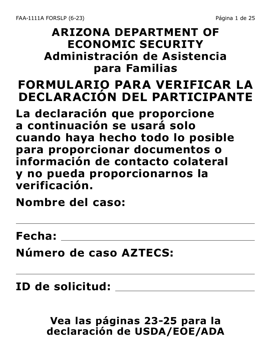 Formulario FAA-1111A-SXLP Formulario Para Verificar La Declaracion Del Participante (Letra Grande) - Arizona (Spanish), Page 1