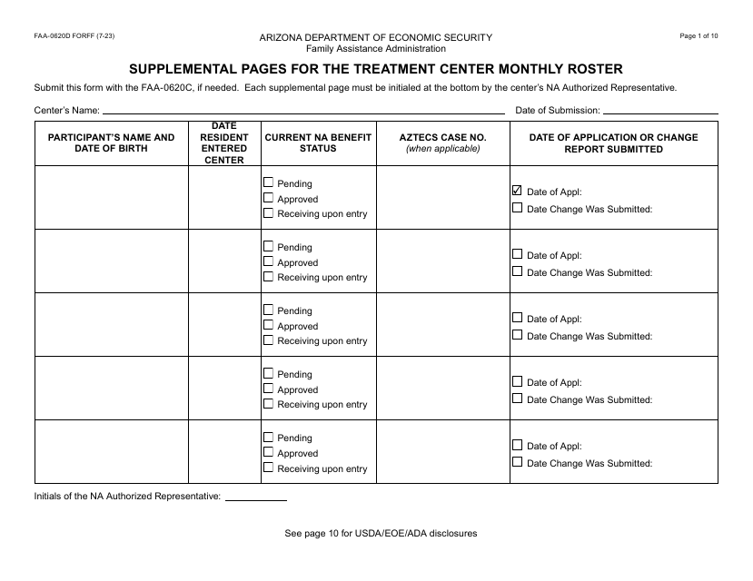 Form FAA-0620D Supplemental Pages for the Treatment Center Monthly Roster - Arizona