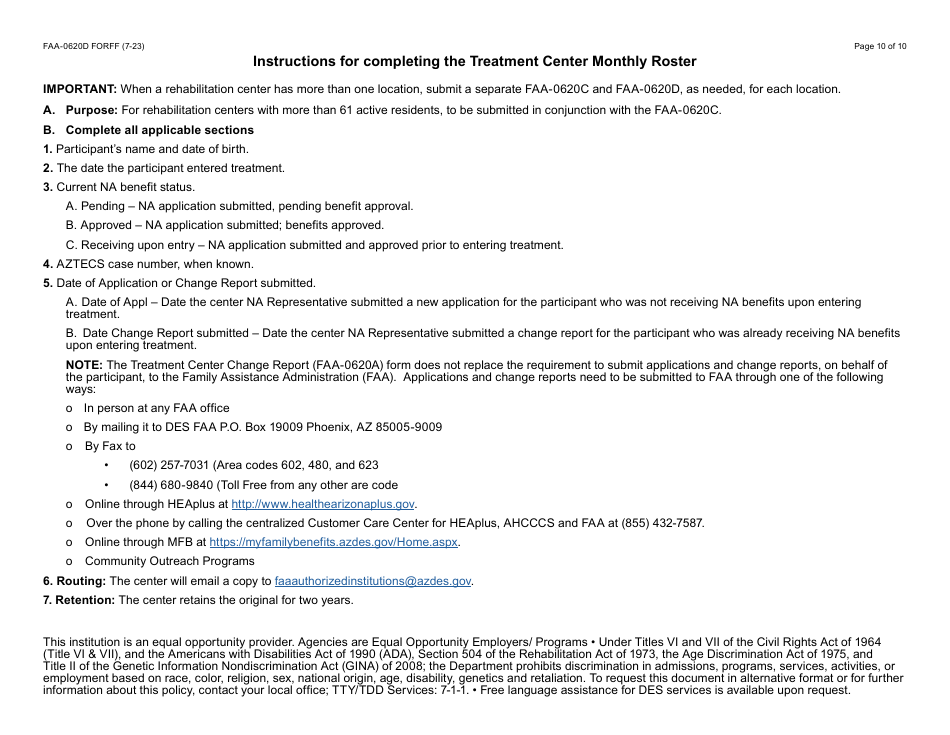 Form FAA-0620D Supplemental Pages for the Treatment Center Monthly Roster - Arizona, Page 10