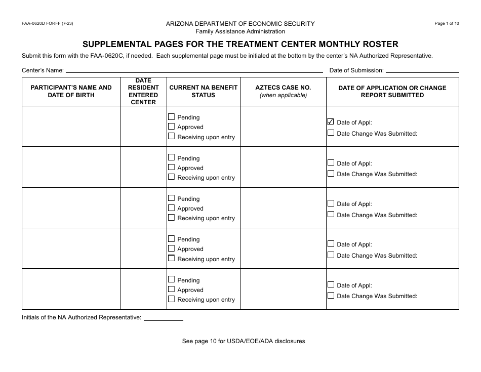 Form FAA-0620D Supplemental Pages for the Treatment Center Monthly Roster - Arizona, Page 1