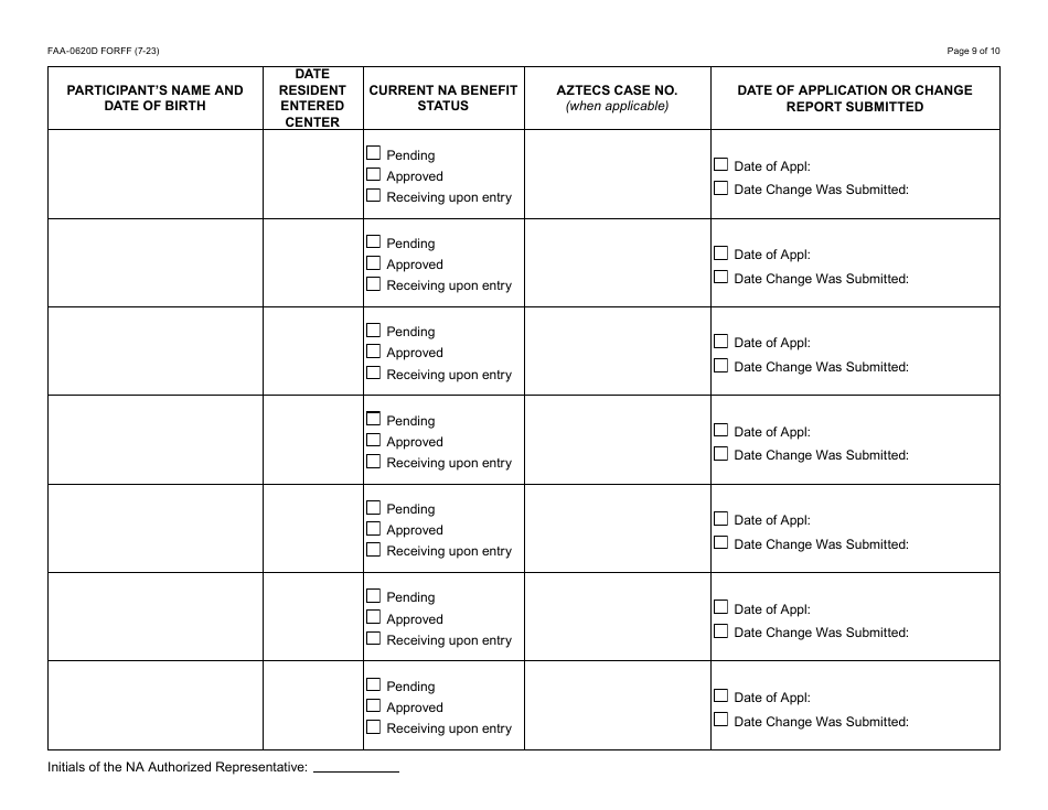Form FAA-0620D Supplemental Pages for the Treatment Center Monthly Roster - Arizona, Page 9