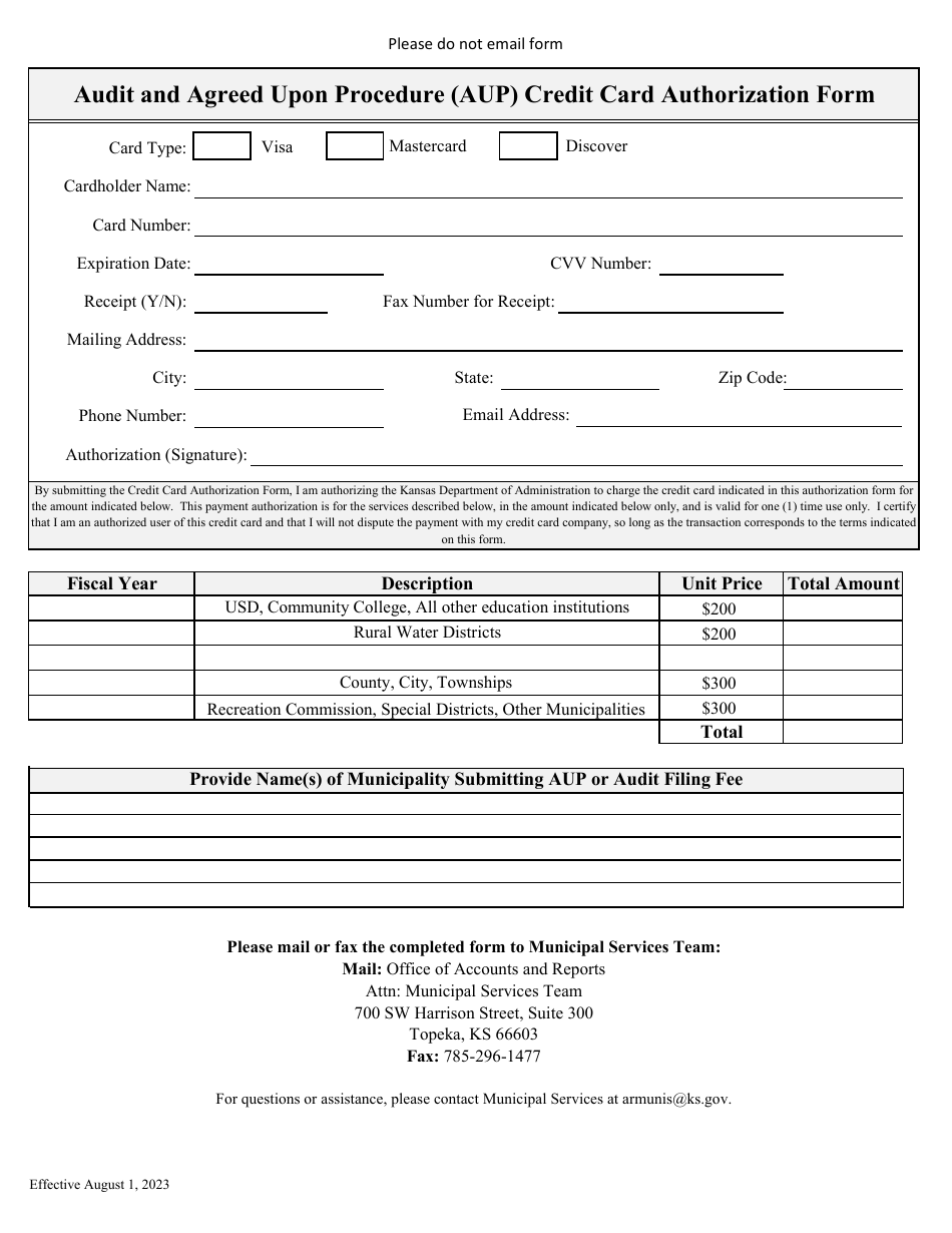 Audit and Agreed Upon Procedure (Aup) Credit Card Authorization Form - Kansas, Page 1