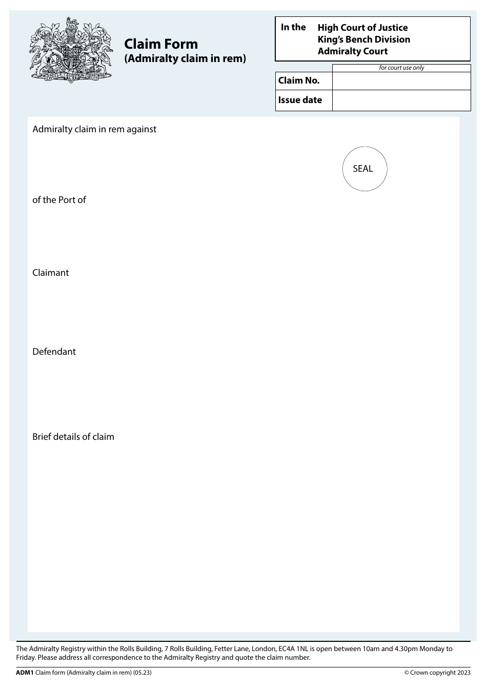 Form ADM1 Claim Form (Admiralty Claim) - United Kingdom, Page 1