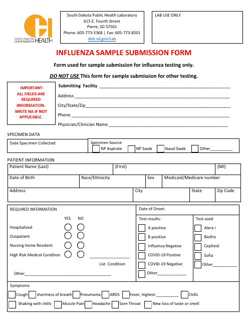 Influenza Sample Submission Form - South Dakota Download Pdf