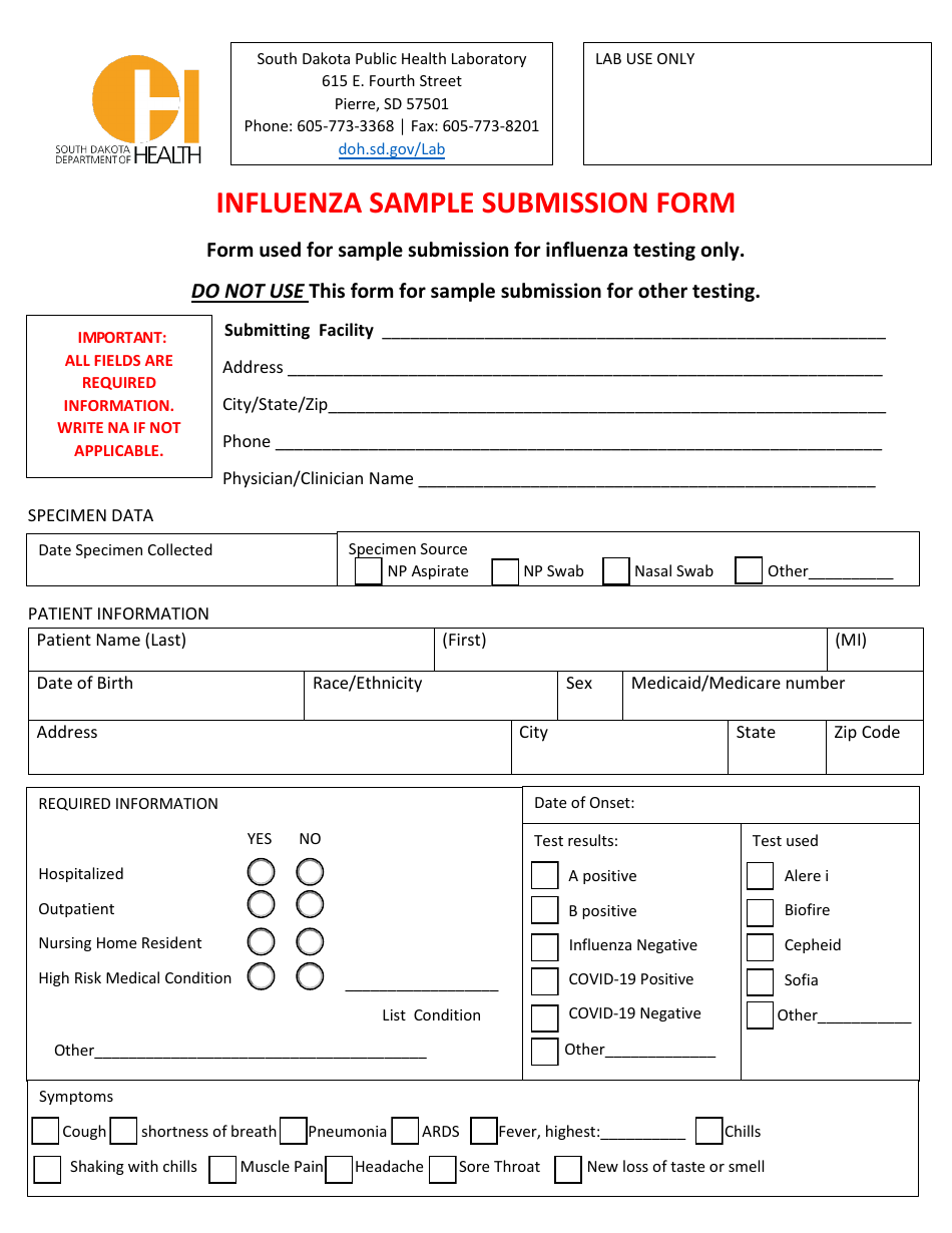 Influenza Sample Submission Form - South Dakota, Page 1