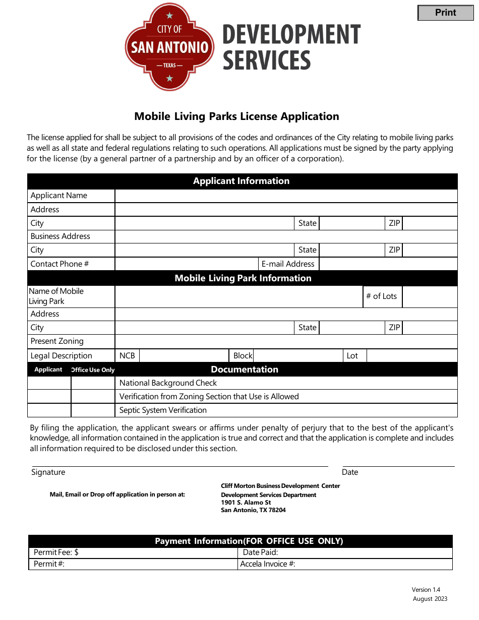 Mobile Living Parks License Application - City of San Antonio, Texas, Page 1