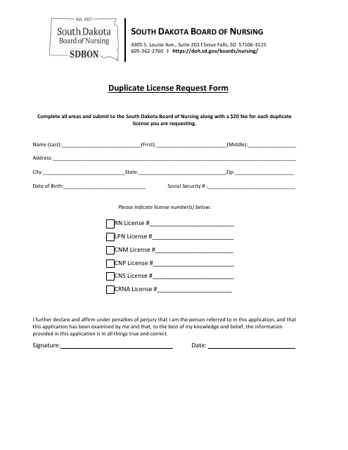 Duplicate License Request Form - South Dakota Download Pdf