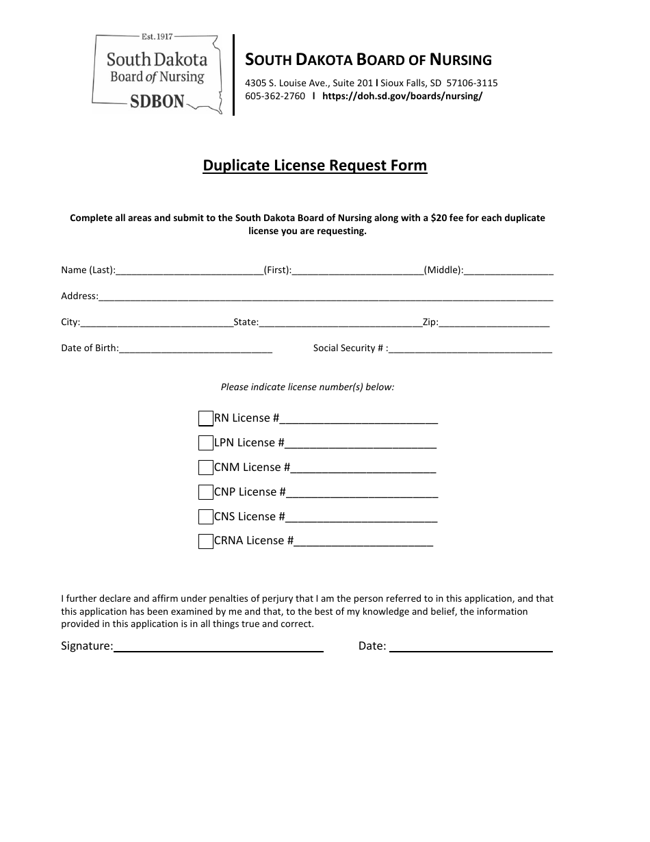Duplicate License Request Form - South Dakota, Page 1