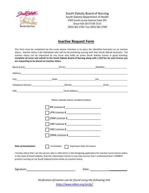 Inactive Request Form - South Dakota