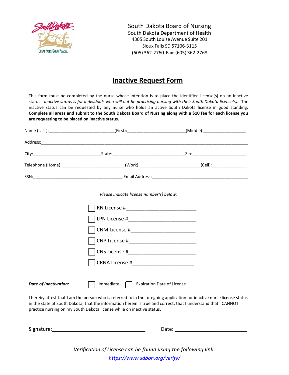 Inactive Request Form - South Dakota, Page 1