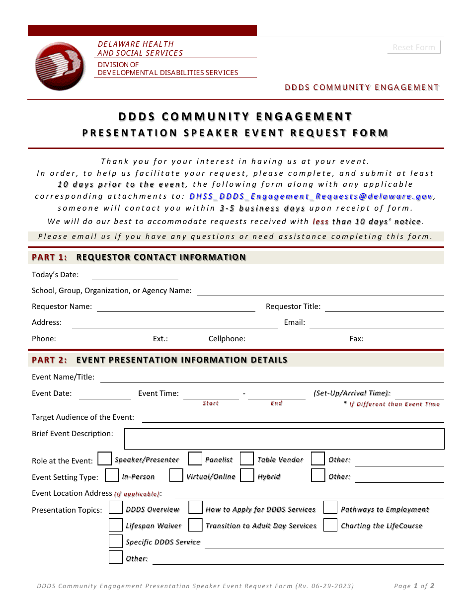 Ddds Community Engagement Presentation Speaker Event Request Form - Delaware, Page 1