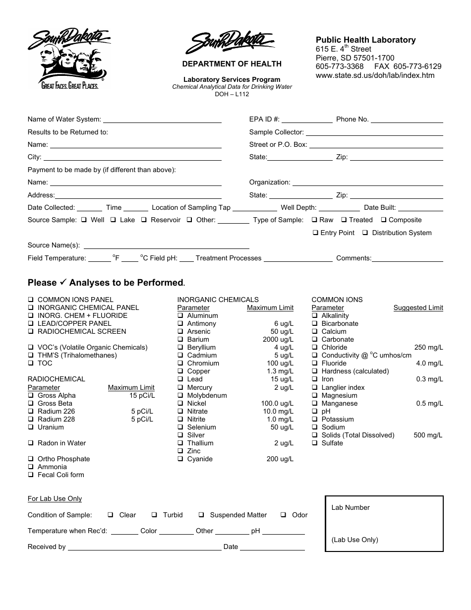 Form 112 Water System Chemical Analyses Submissions - South Dakota, Page 1