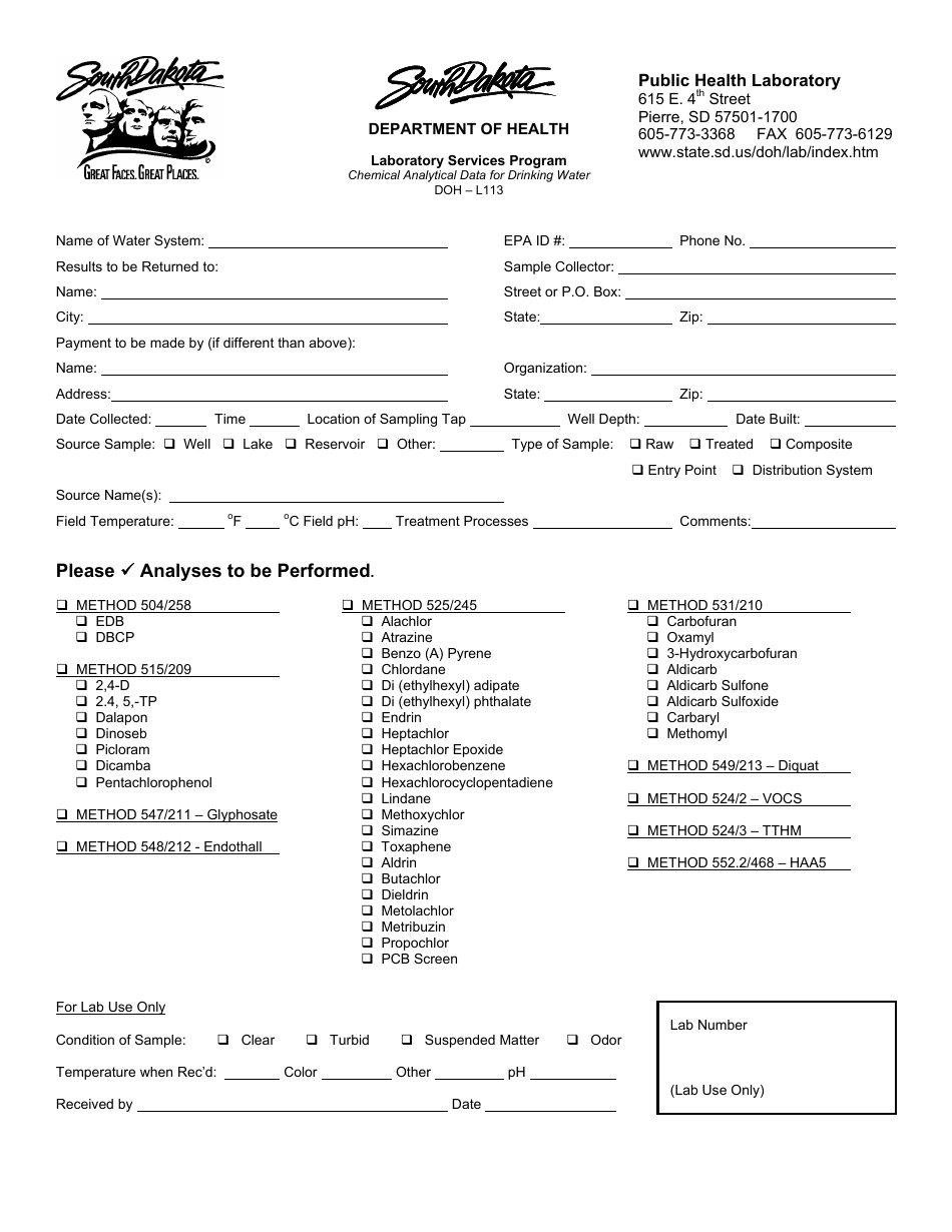 Form 113 Water System Chemical Analyses Submissions - South Dakota, Page 1
