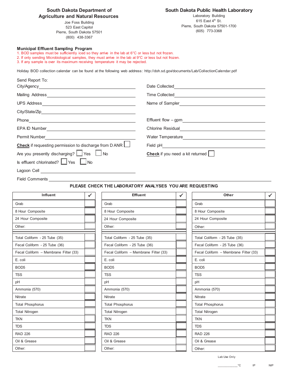 Wastewater Submission Form - Municipal Effluent Sampling Program - South Dakota, Page 1