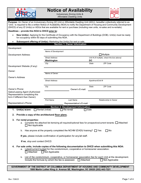 Notice of Availability Form - Washington, D.C. Download Pdf