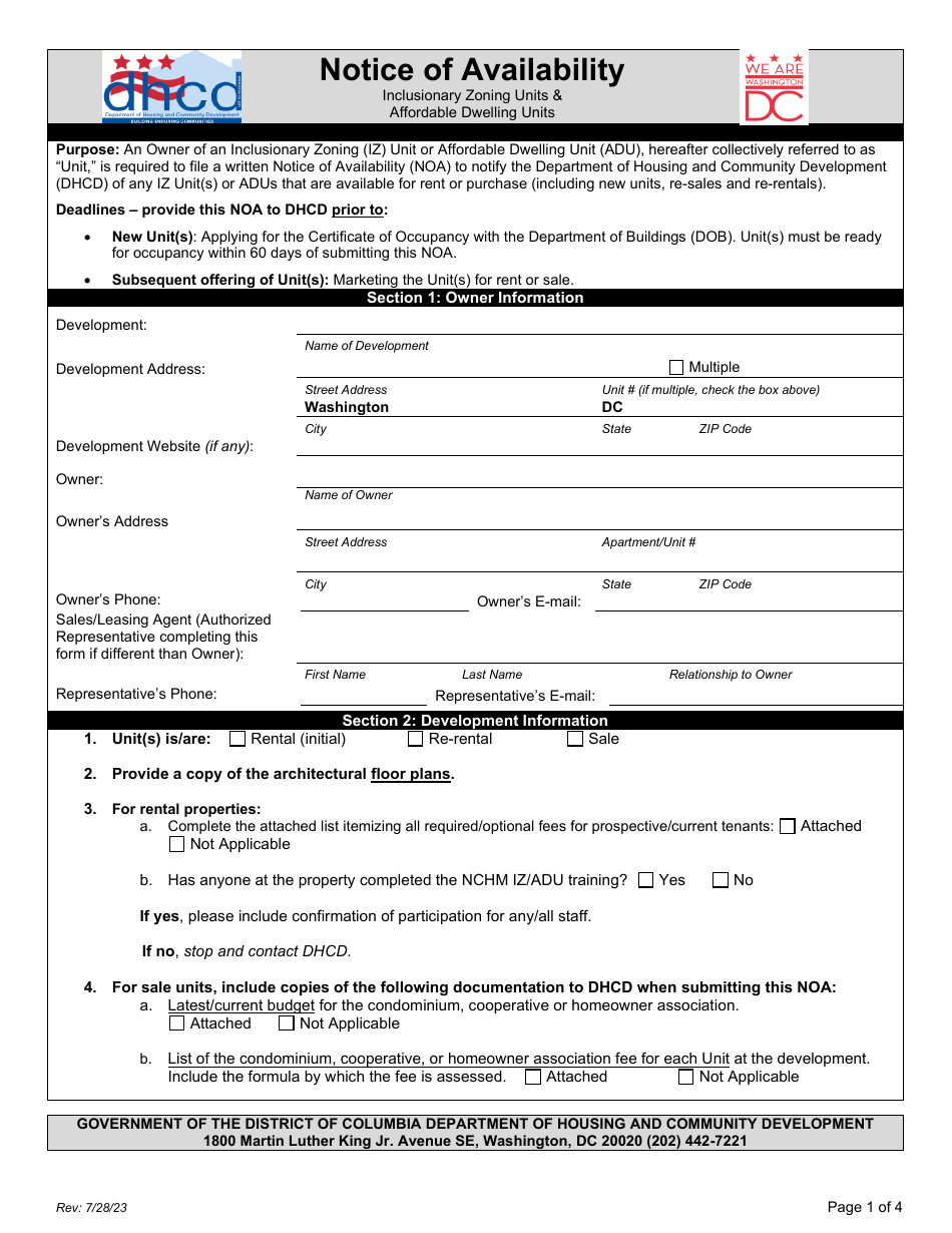 Notice of Availability Form - Washington, D.C., Page 1