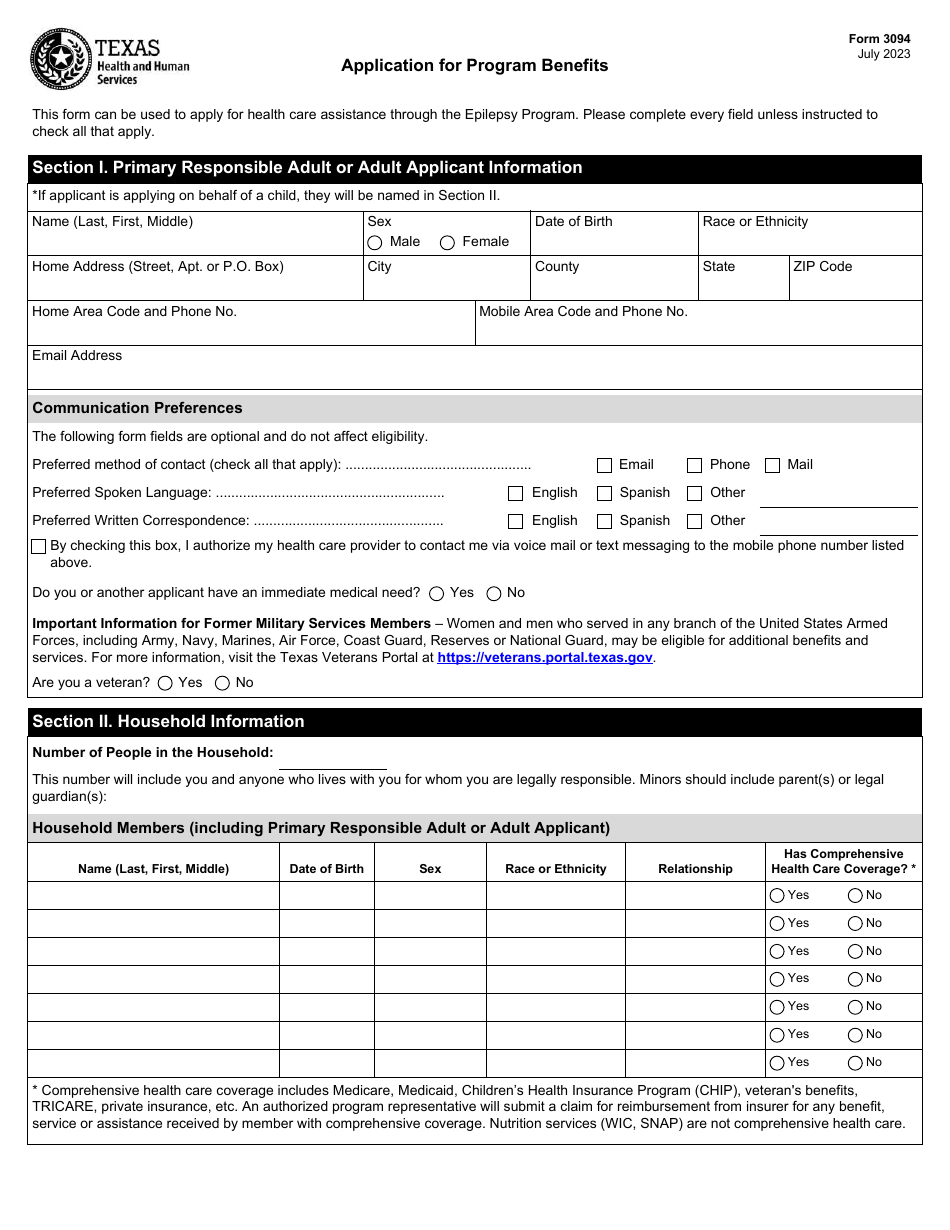 Form 3094 Application for Program Benefits - Texas, Page 1