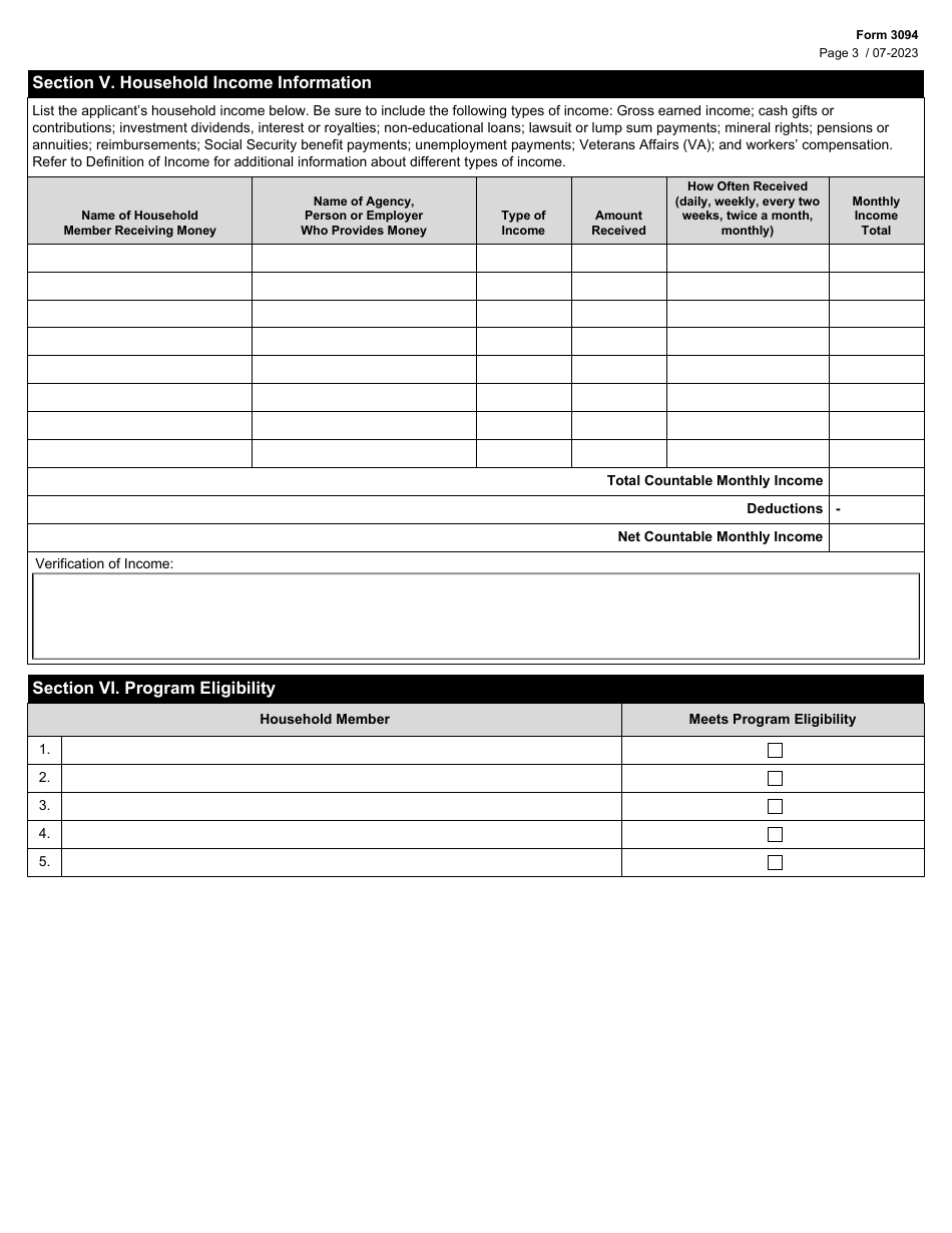 Form 3094 Application for Program Benefits - Texas, Page 3