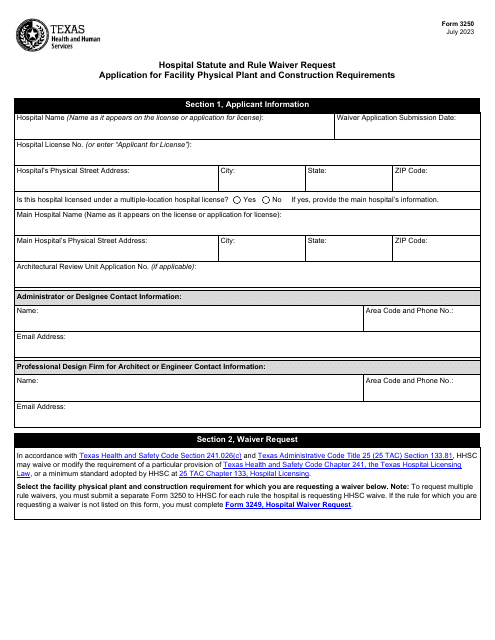 Form 3250 Hospital Statute and Rule Waiver Request Application for Facility Physical Plant and Construction Requirements - Texas