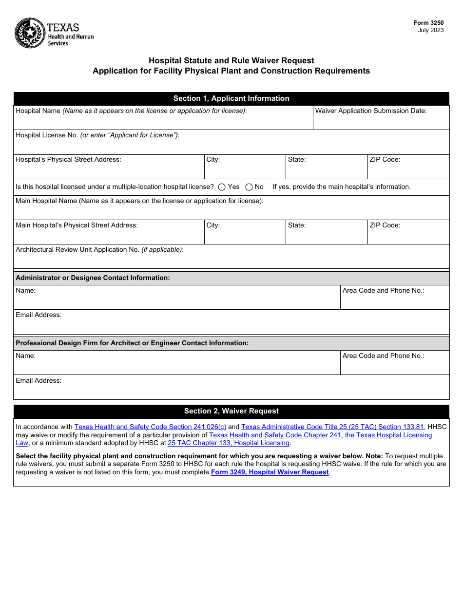 Form 3250 Hospital Statute and Rule Waiver Request Application for Facility Physical Plant and Construction Requirements - Texas, Page 1