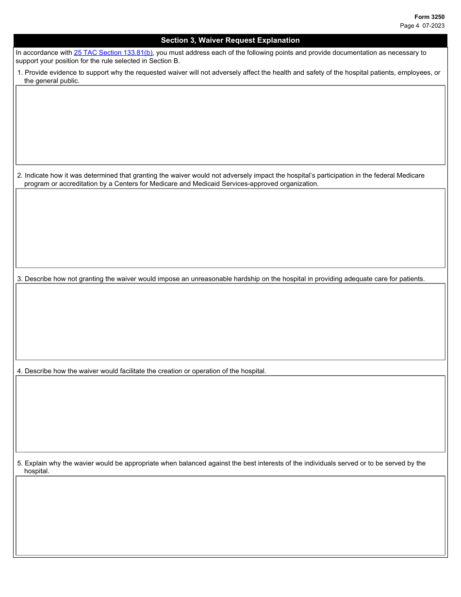 Form 3250 Hospital Statute and Rule Waiver Request Application for Facility Physical Plant and Construction Requirements - Texas, Page 4