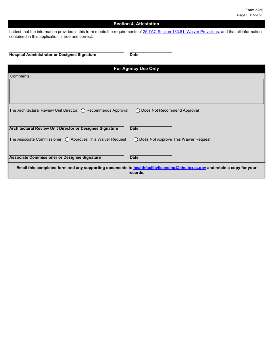 Form 3250 Hospital Statute and Rule Waiver Request Application for Facility Physical Plant and Construction Requirements - Texas, Page 5