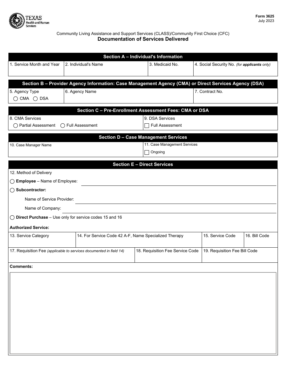Form 3625 Documentation of Services Delivered - Community Living Assistance and Support Services (Class) / Community First Choice (Cfc) - Texas, Page 1