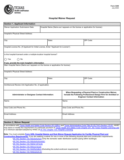 Form 3249 Hospital Waiver Request - Texas