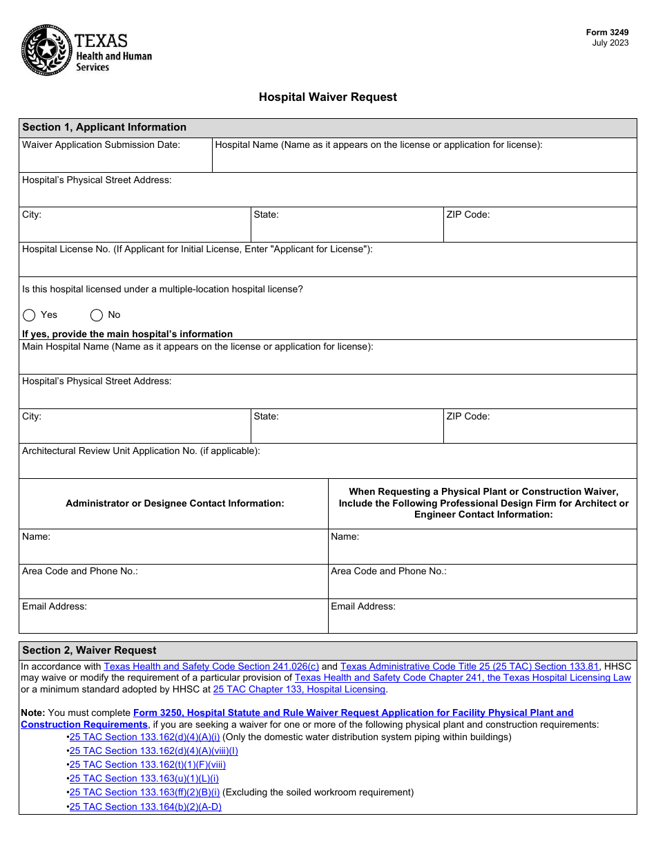 Form 3249 Hospital Waiver Request - Texas, Page 1