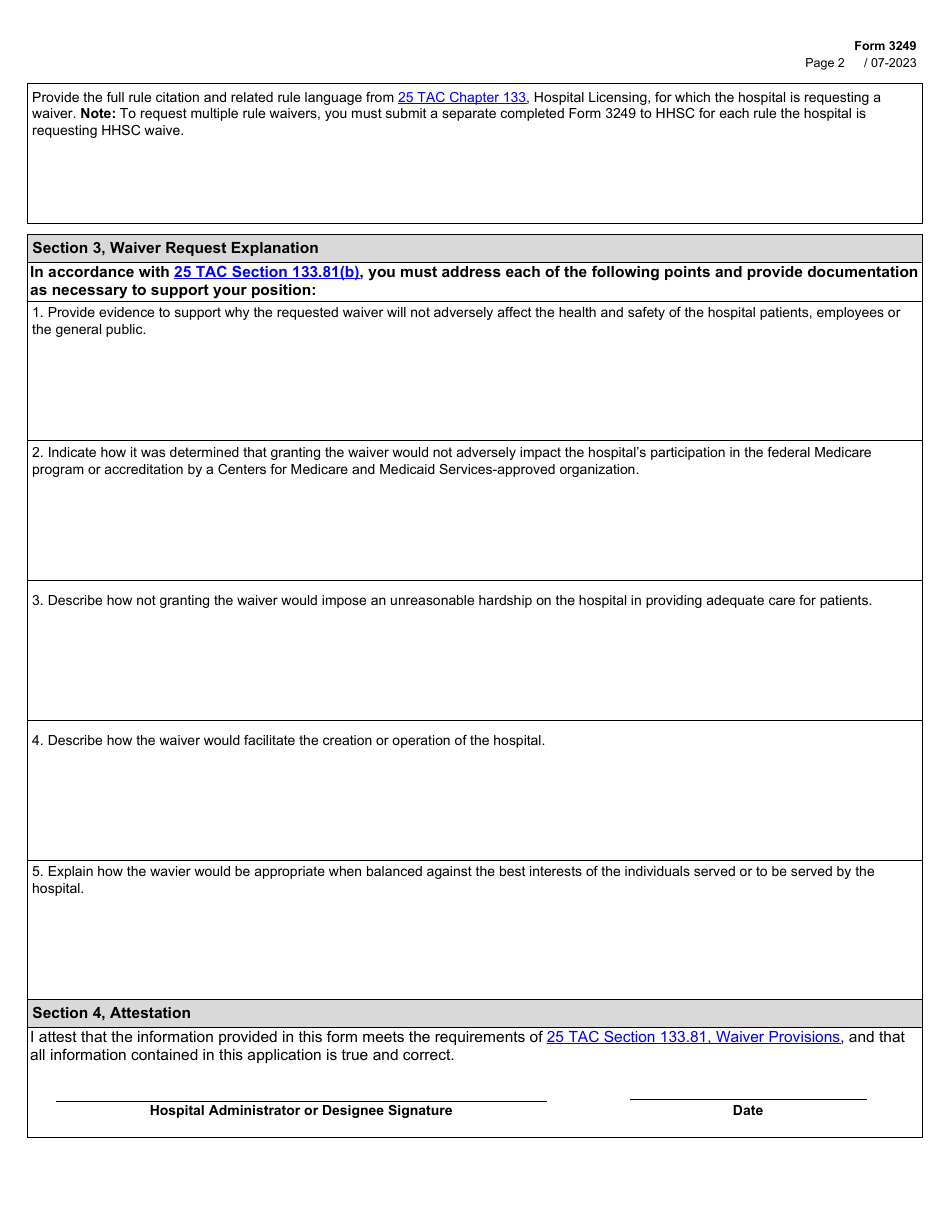 Form 3249 Hospital Waiver Request - Texas, Page 2